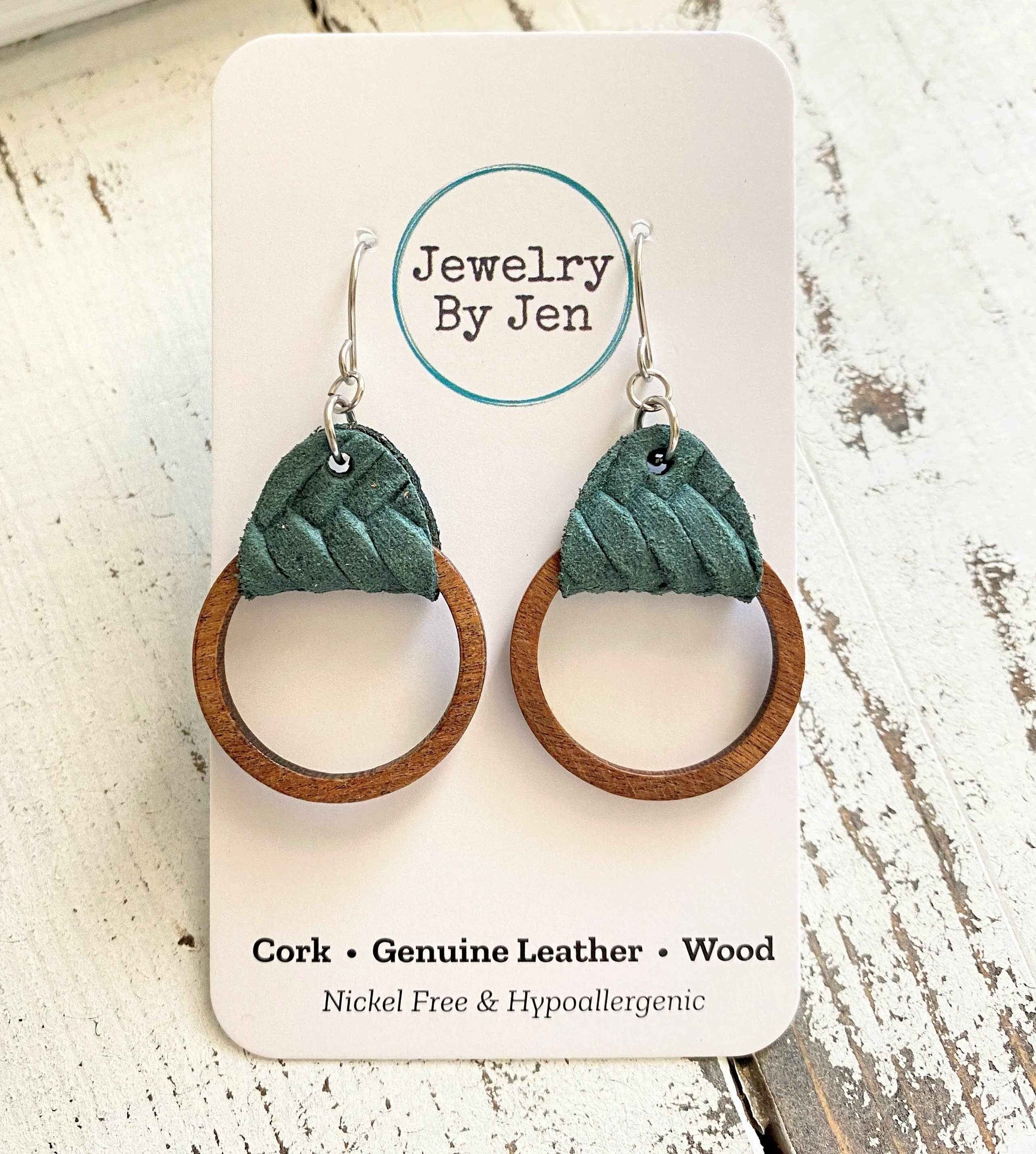 Jewelry By Jen - Wood Hoop Earrings: Pine Green Braided
