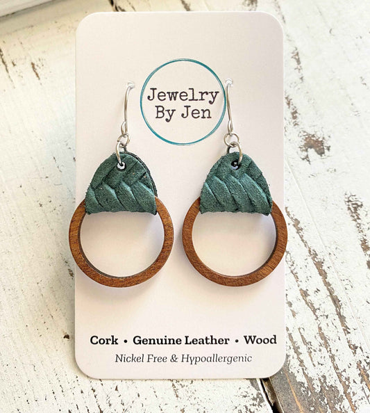 Jewelry By Jen - Wood Hoop Earrings: Pine Green Braided