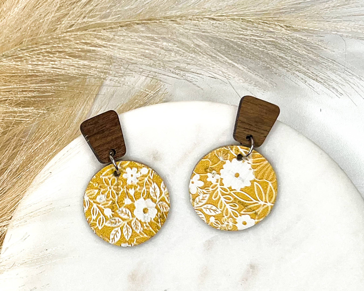 Yellow Floral Leather Circle Earrings