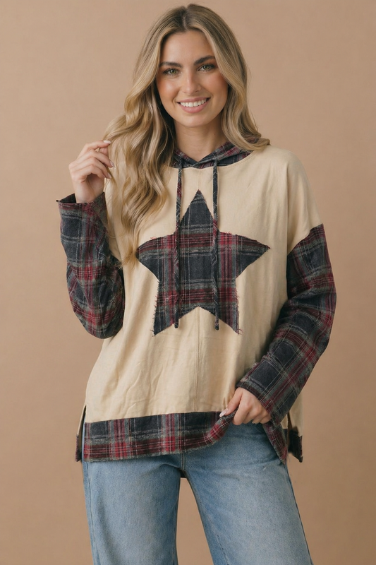 Plaid Star Patchwork Oversize Hoodie