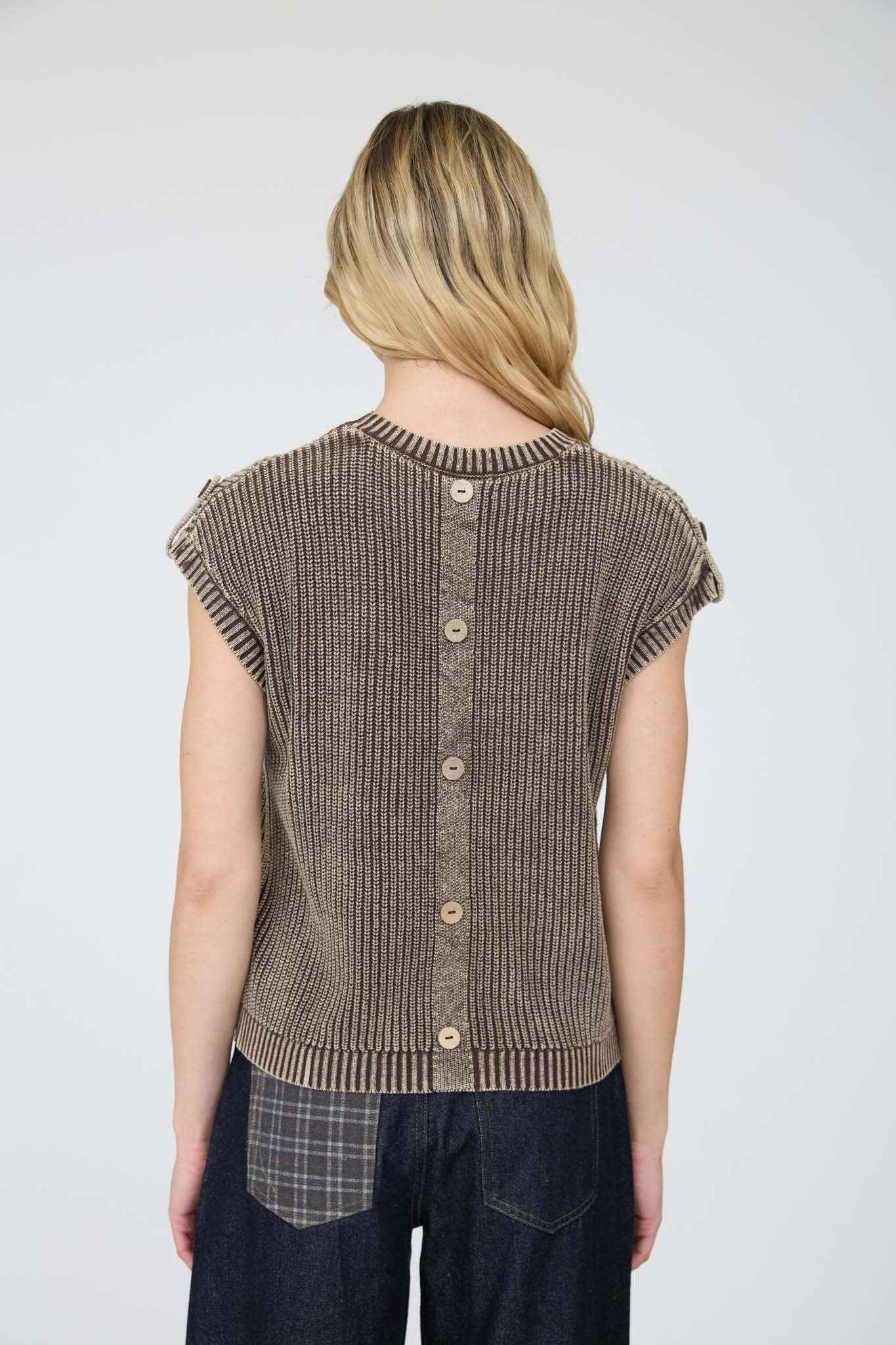 J.O.A - ACID WASHED TAB SLEEVE BACK BUTTON KNIT TOP