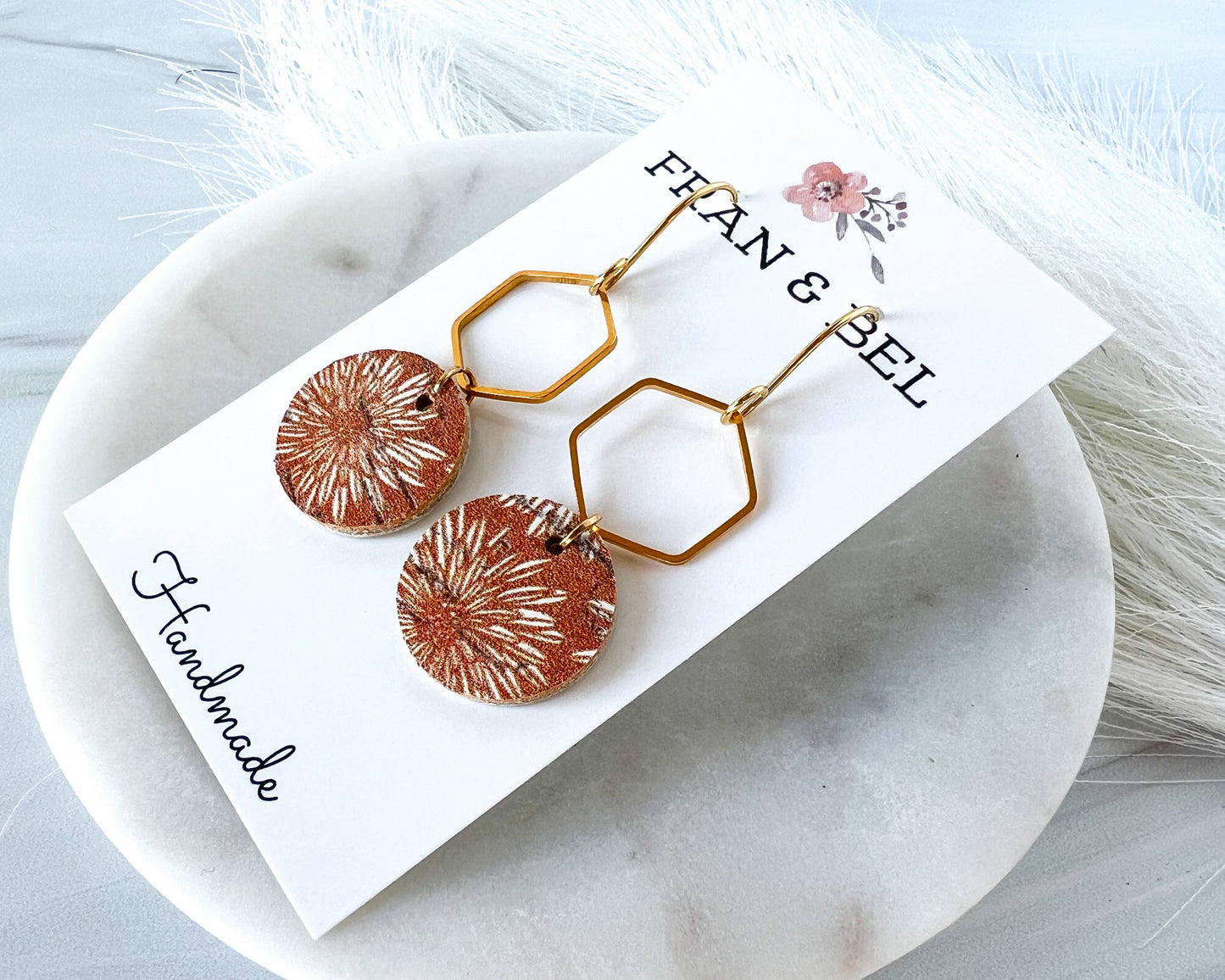 Rust and Cream Floral Dangle Earrings