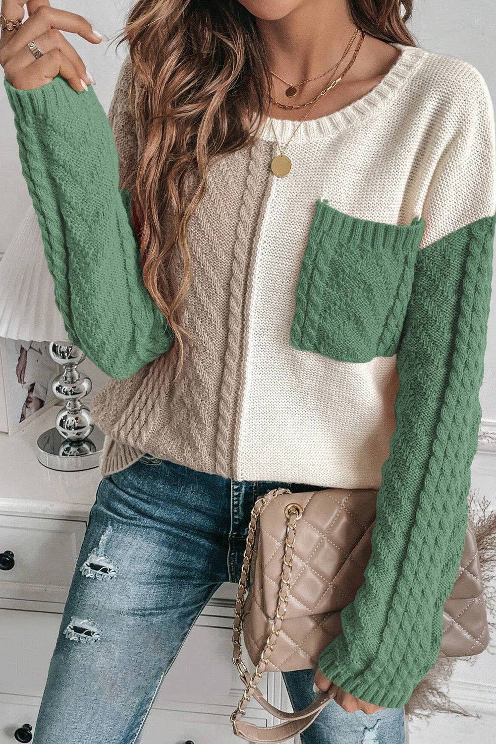 Colorblock Cable Patched Pocket Sweater