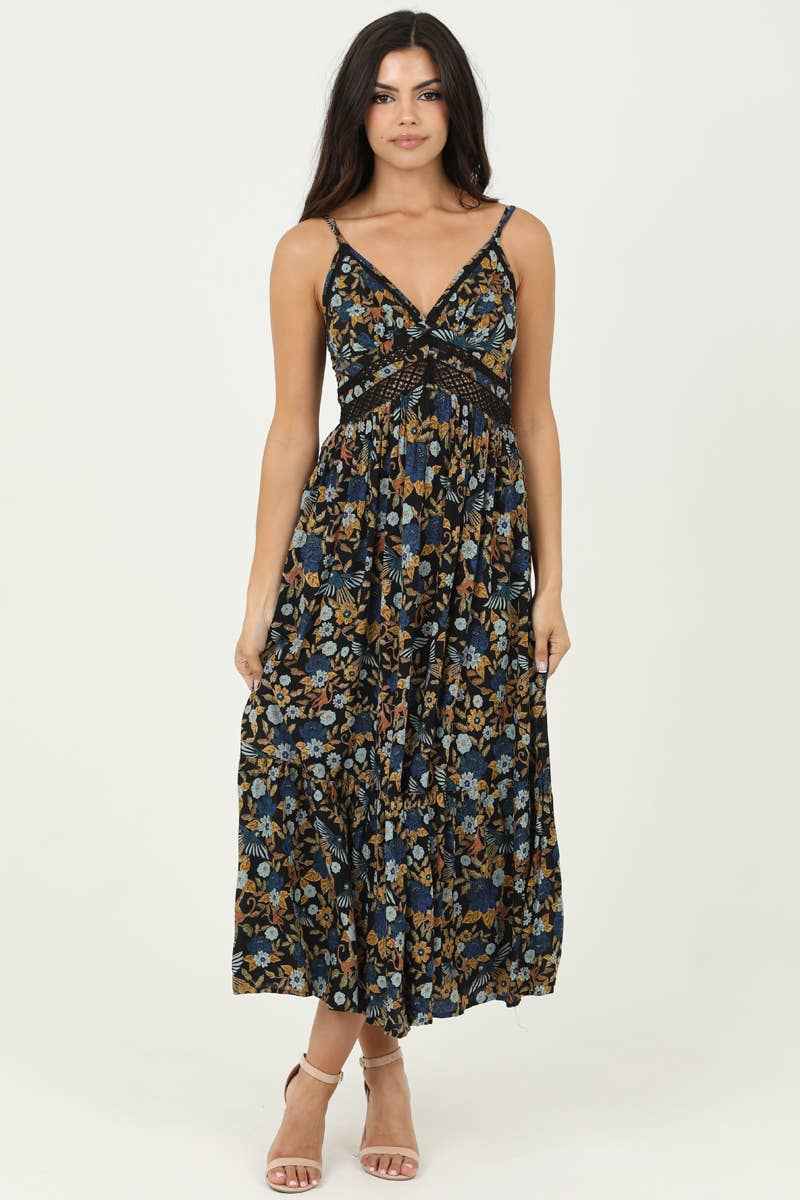 ANGIE - C4A54-A882 V NECK LACE TRIM MAXI DRESS