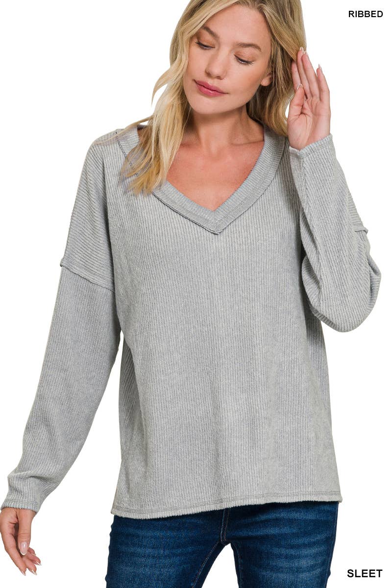 Ribbed V Neck Drop Shoulder Sweater - Threads Boutique