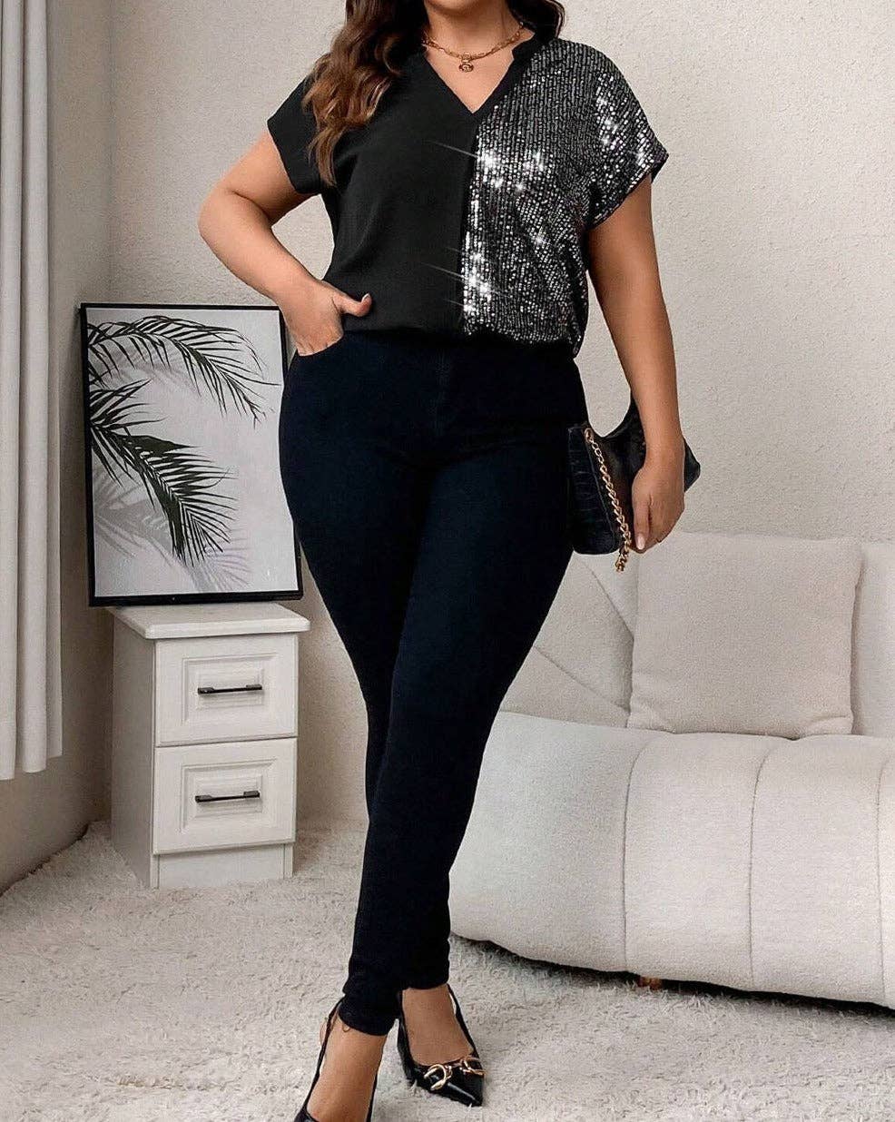 Sequin Patchwork V-Neck Plus Size