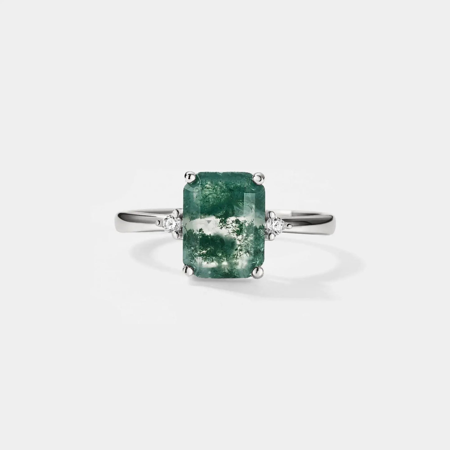 Emerald Cut Moss Agate Solitaire Ring in 925 Sterling Silver