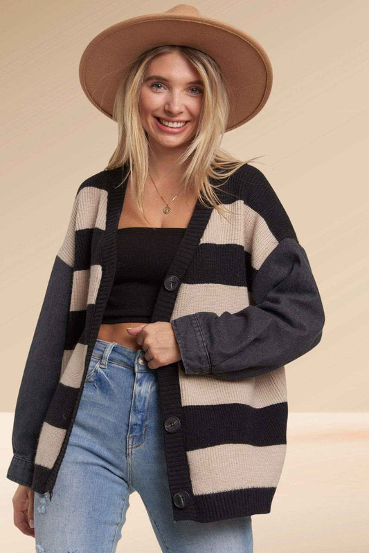 Madelyn - LESW3444A-DENIM SLEEVE STRIPE SWEATER CARDIGAN