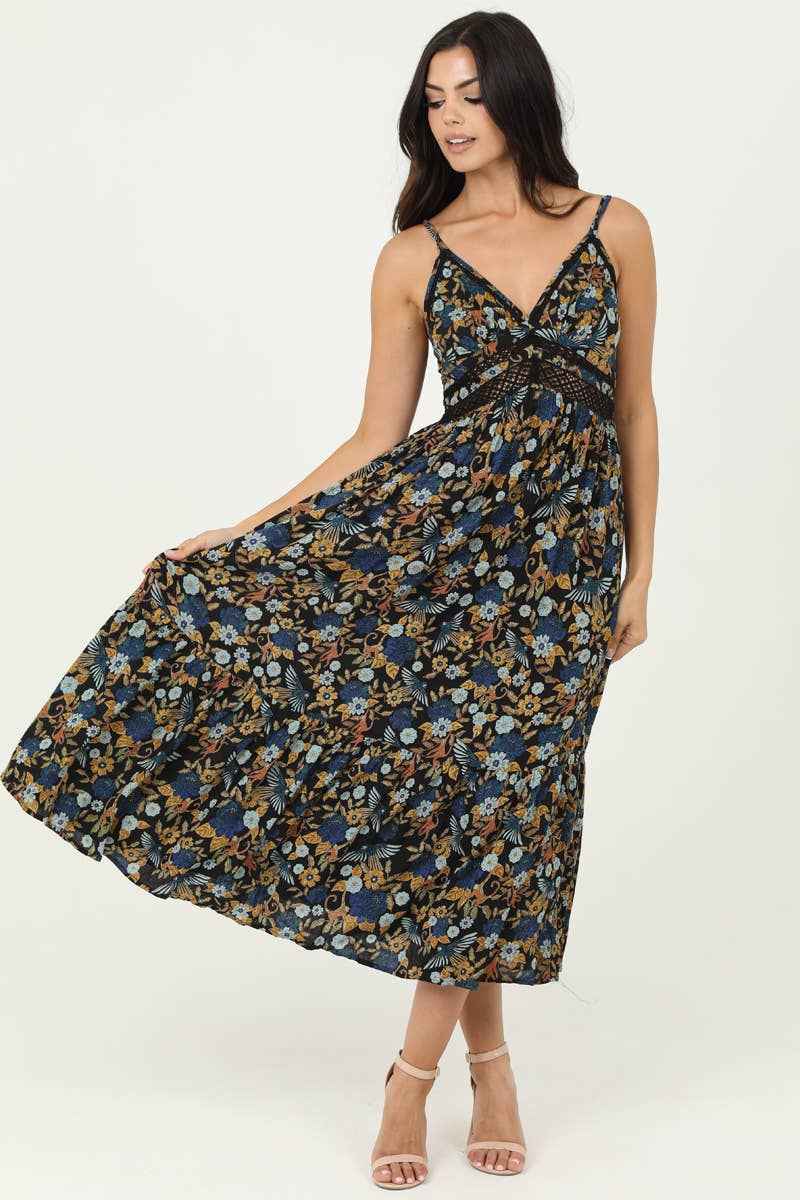 ANGIE - C4A54-A882 V NECK LACE TRIM MAXI DRESS