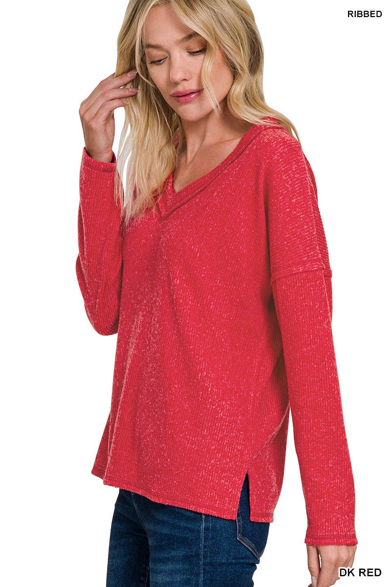 Ribbed V Neck Drop Shoulder Sweater - Threads Boutique