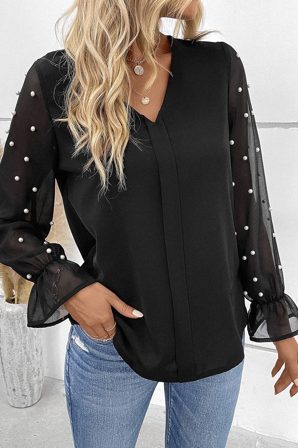 Pearl Beaded Flounce Sleeve Blouse