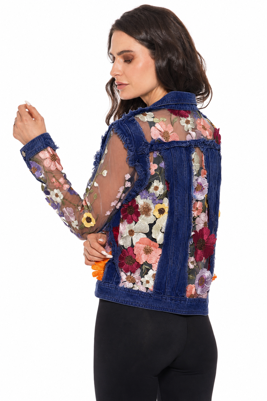 Denim Lace Jacket with Floral Embroidery