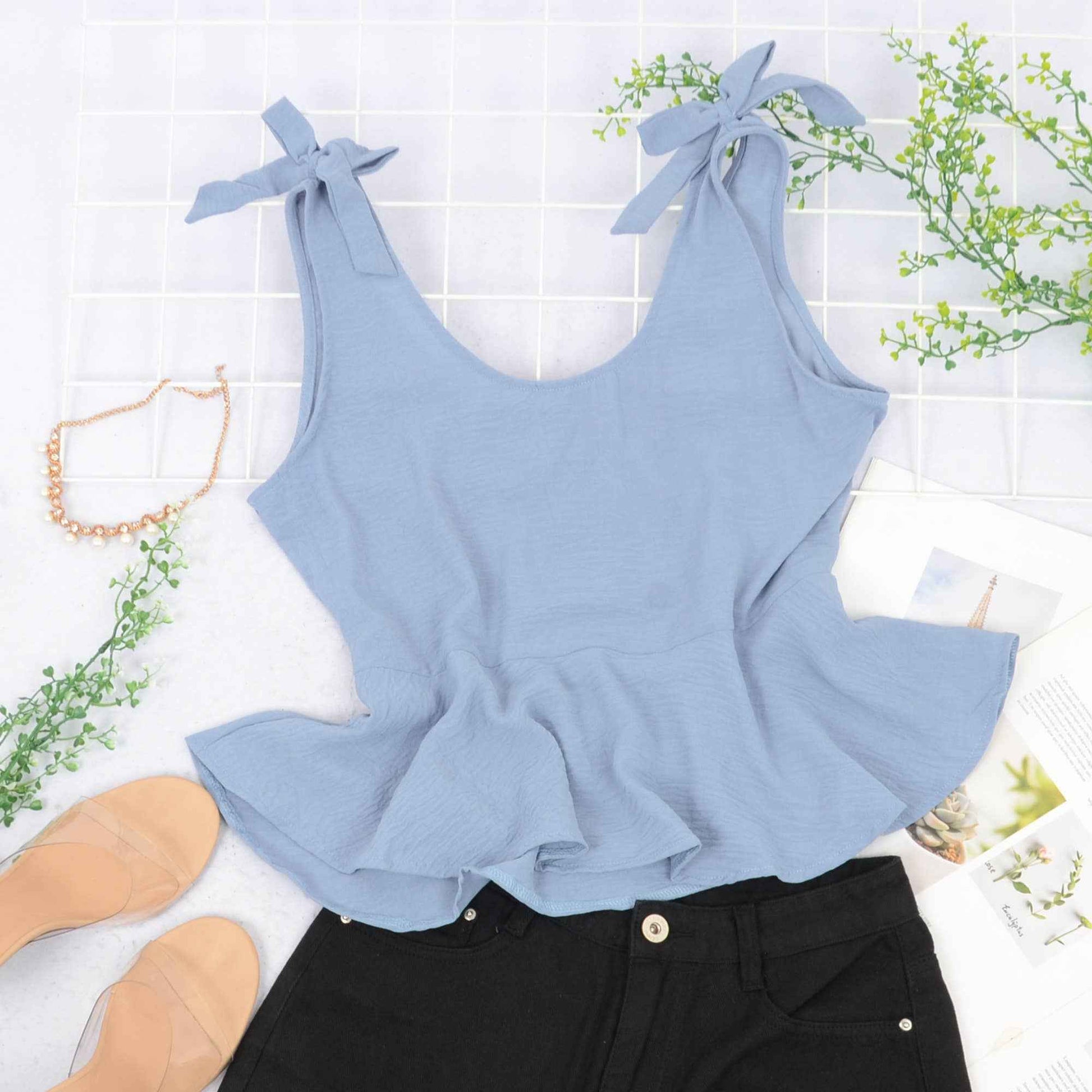 Anna Kaci Wholesale - Sleeveless Peplum Tank Top with Tie Shoulder Straps