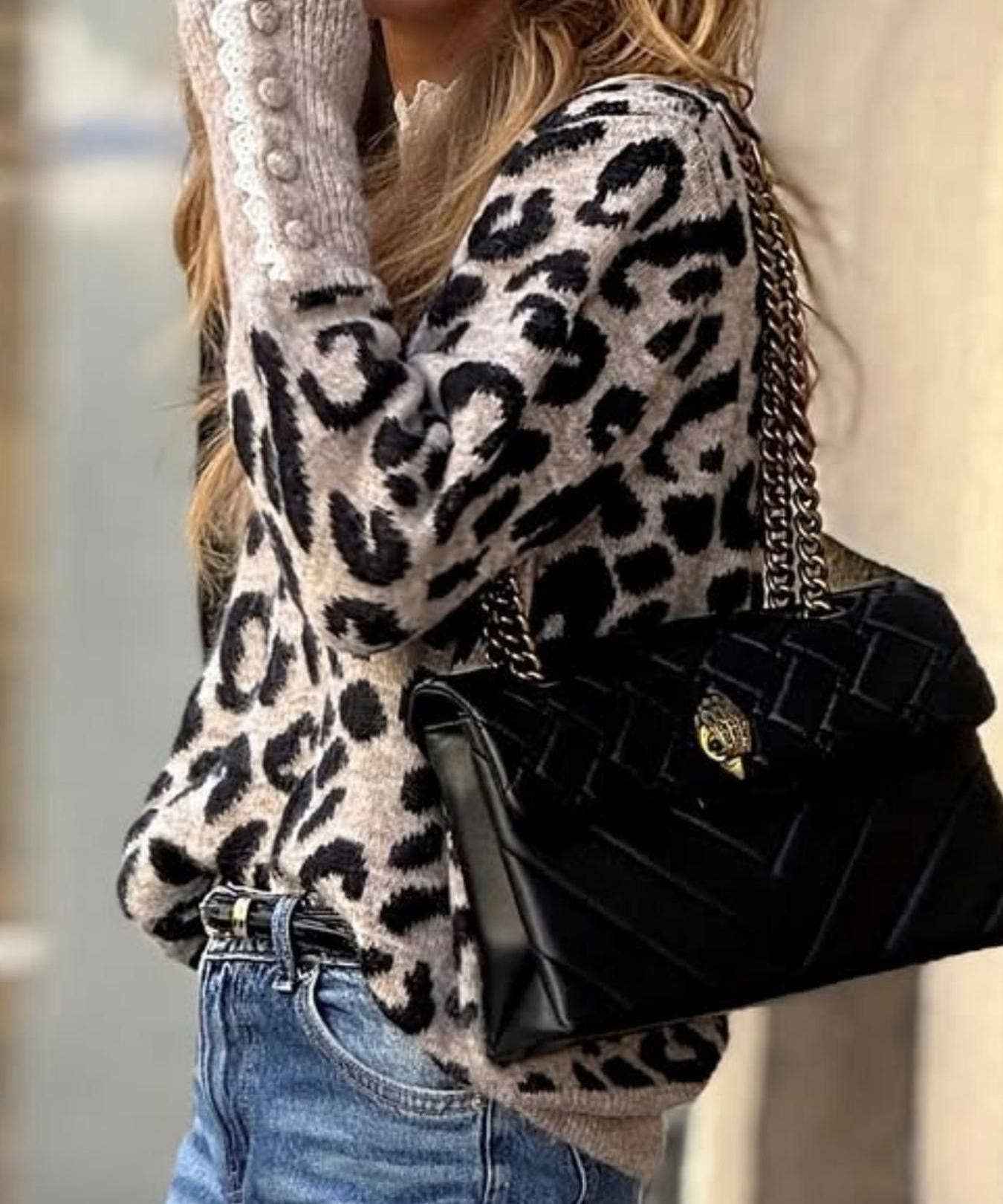 Anna Kaci Wholesale - Leopard Print Long Sleeve Knit Top with Lace Trim Details