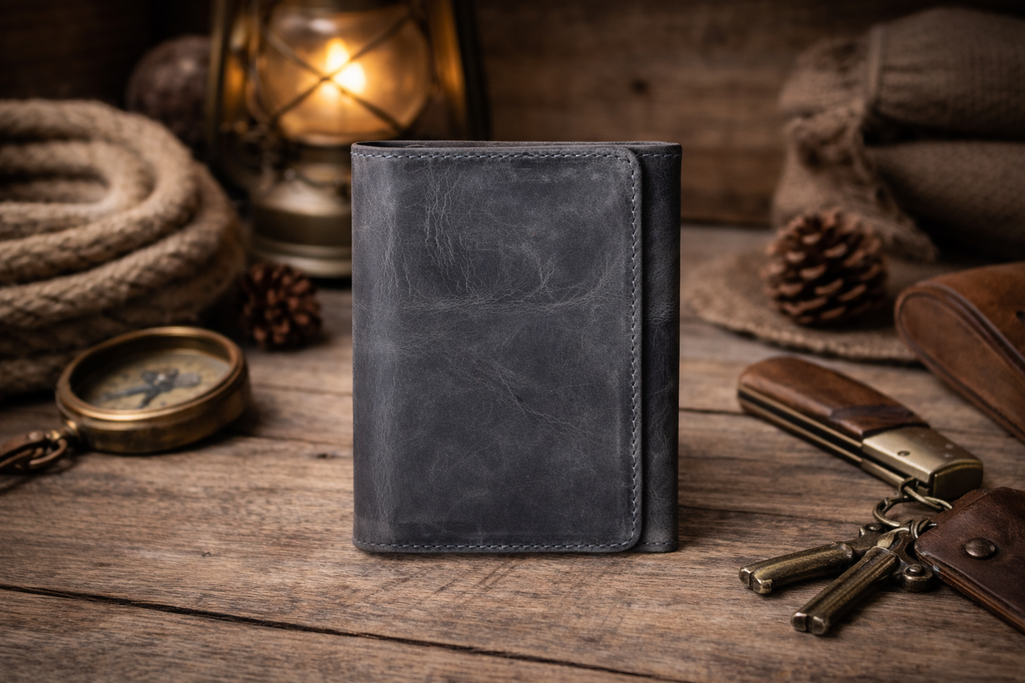 Grey Leather Trifold Wallet for Men
