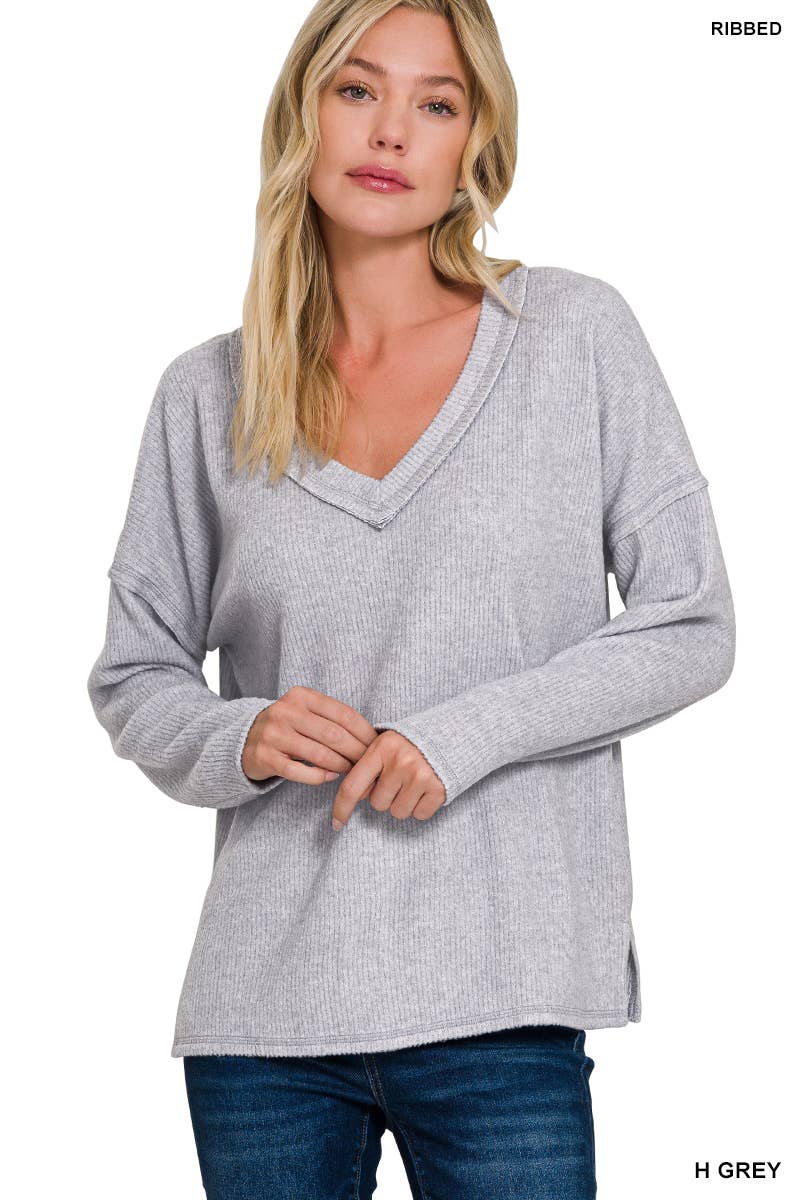 Ribbed V Neck Drop Shoulder Sweater - Threads Boutique