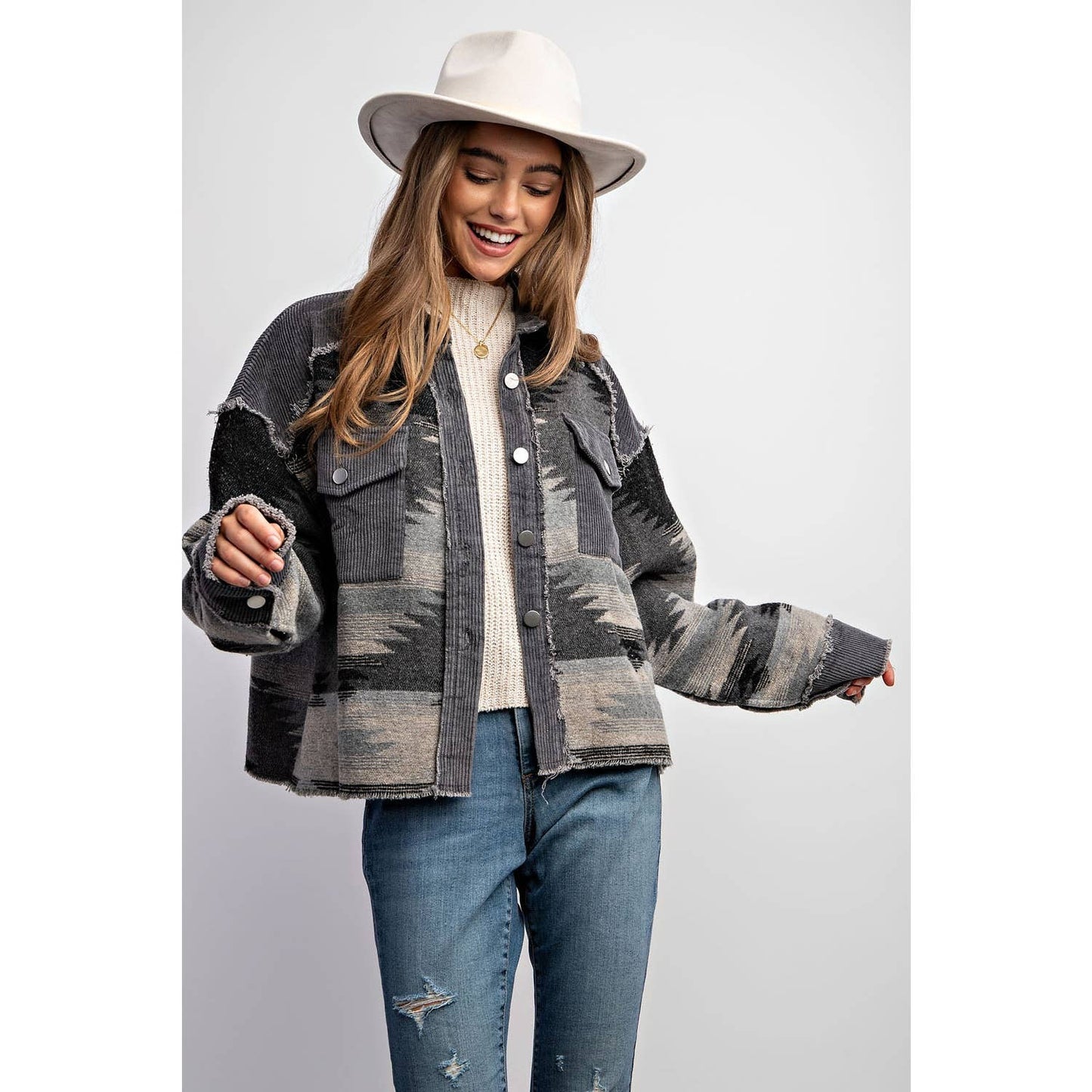 Tribal Pattern Colorblock Shacket