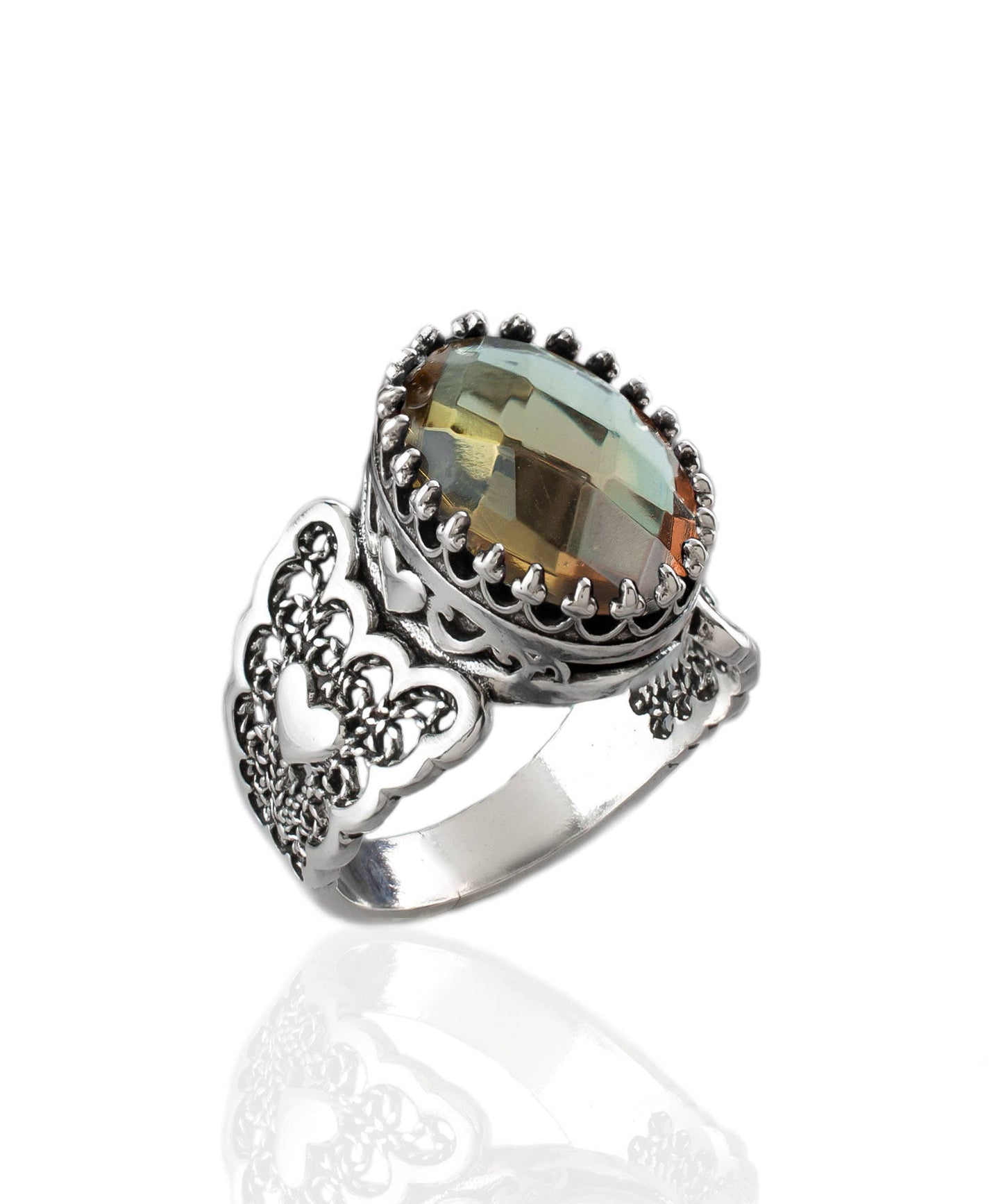 Filigree Art Double Heart Alexandrite Gemstone Silver Ring