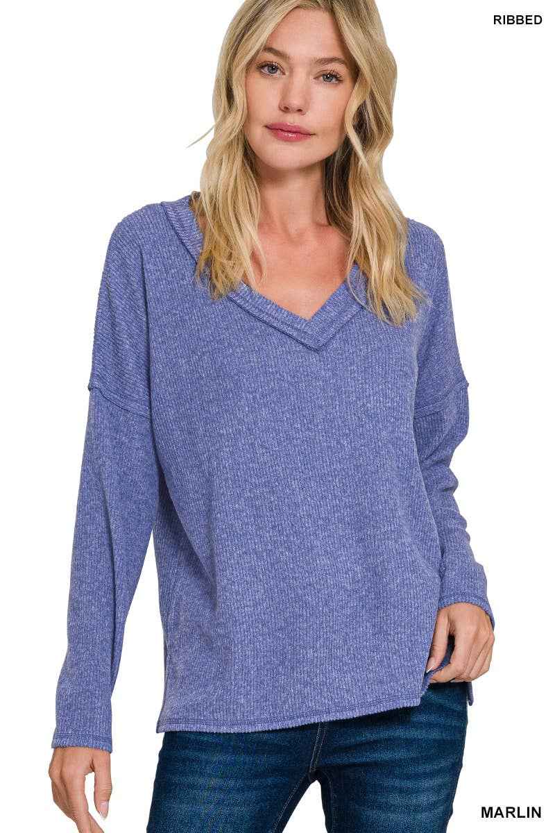 Ribbed V Neck Drop Shoulder Sweater