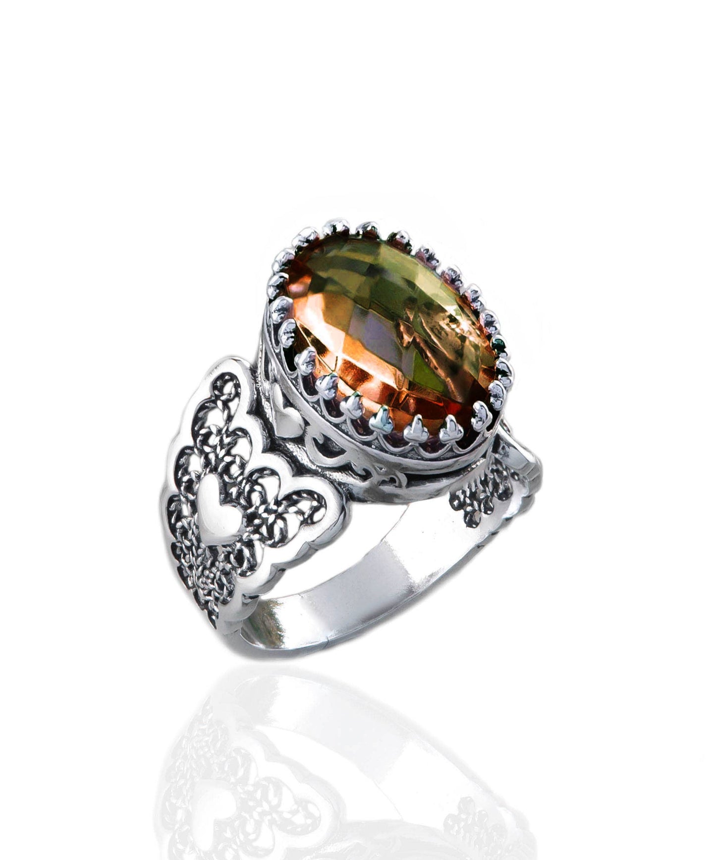 Filigree Art Double Heart Alexandrite Gemstone Silver Ring