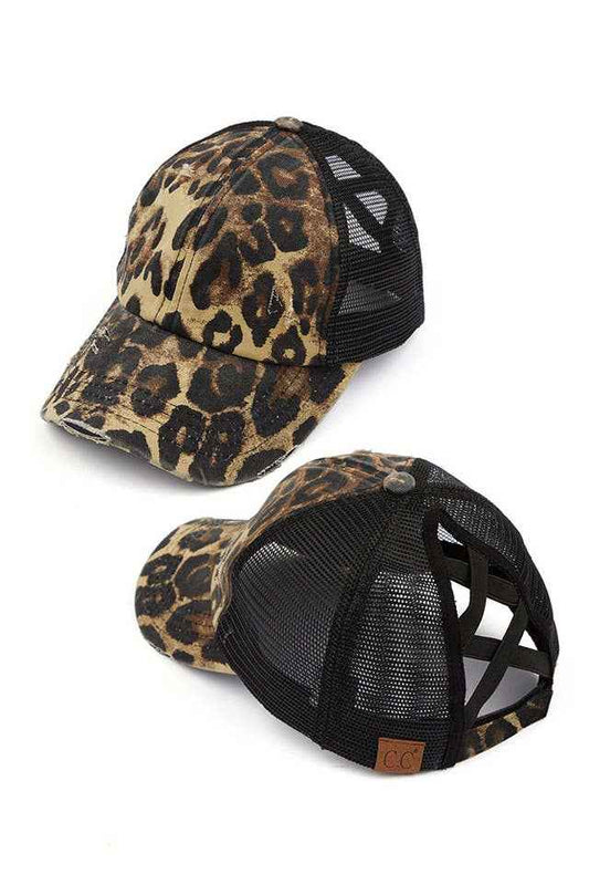 Hana - C.C Washed Denim with Crossed Elastic Band Mesh Pony Cap