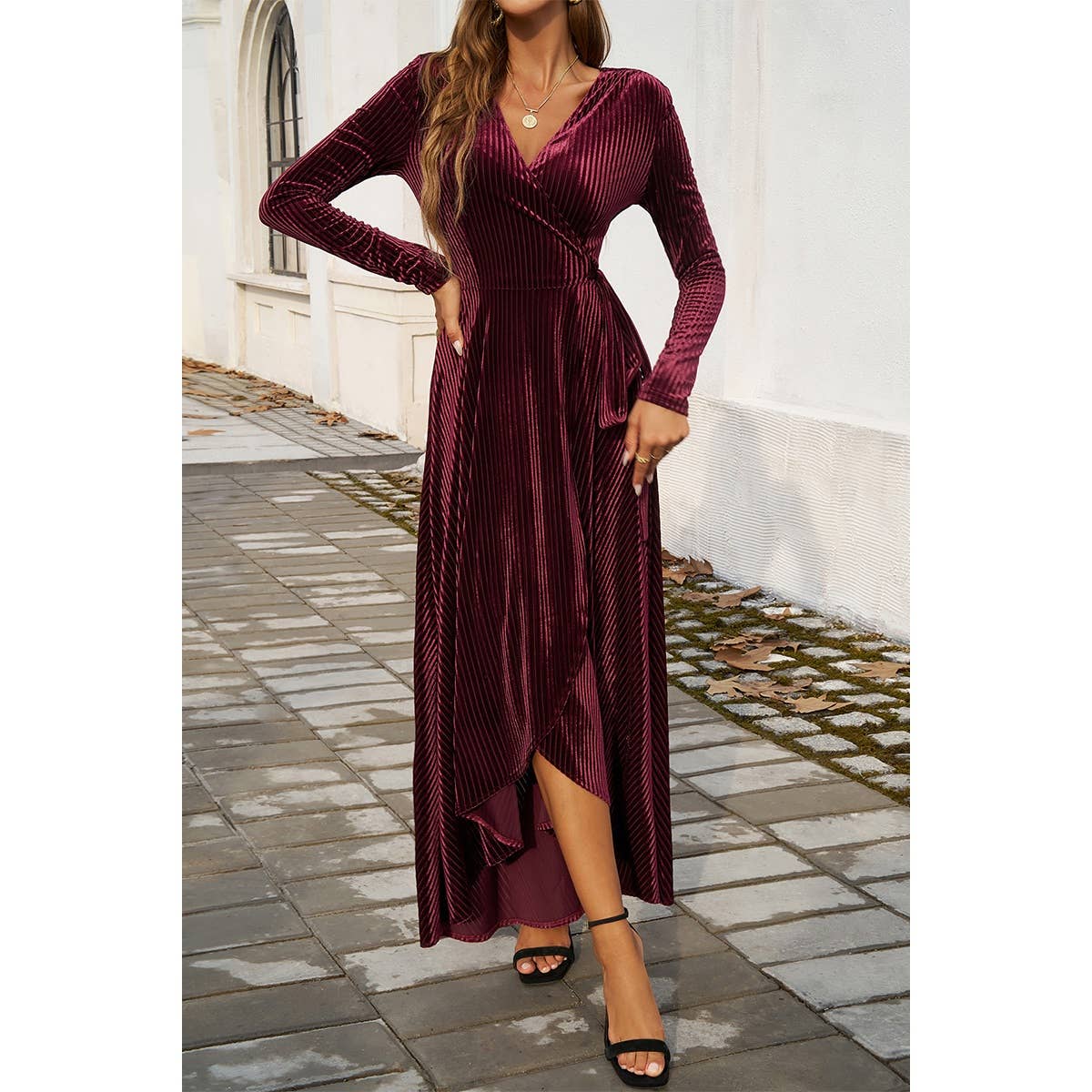 V Neck Velvet Midi Dress