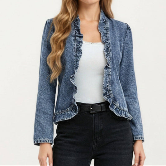Denim Jacket with Soft Ruffle Trim