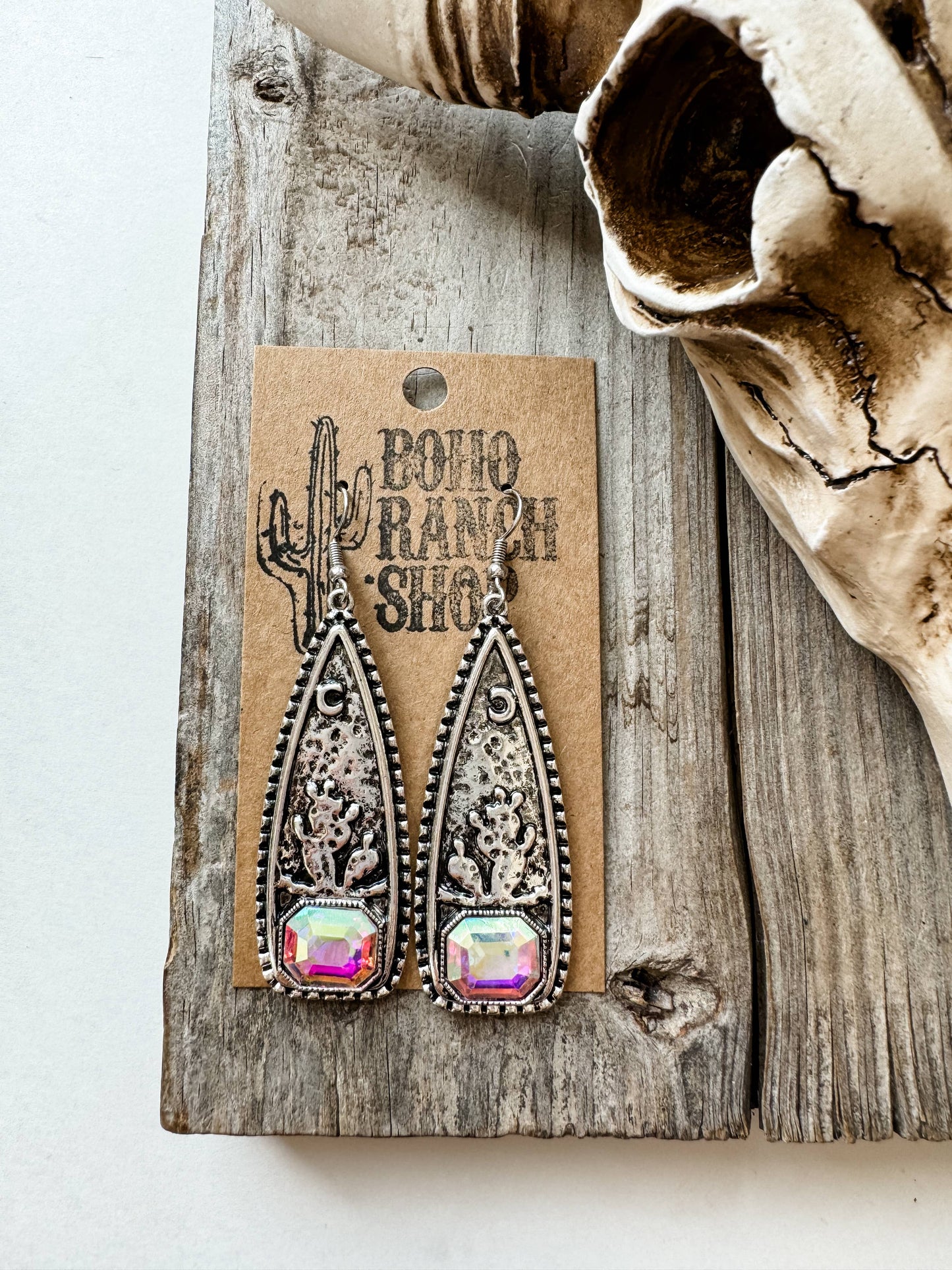 Western Cactus Glass Rhinestone Metal Earrings