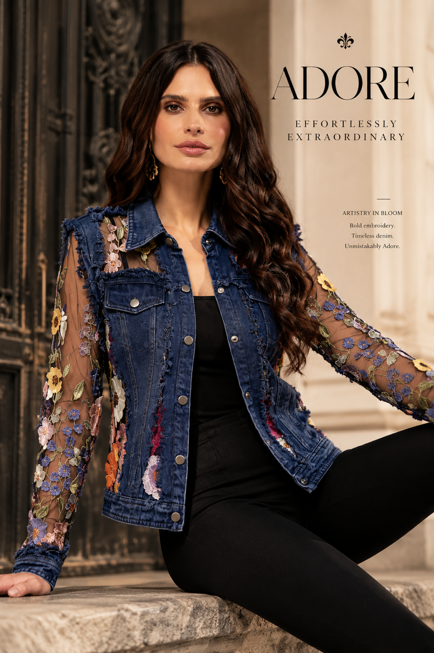 Denim Lace Jacket with Floral Embroidery