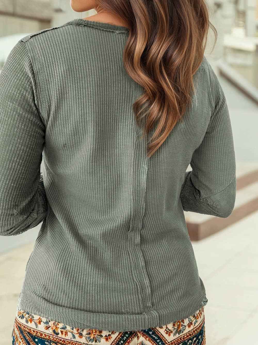 Waffle Ribbed Lace Patchwork Top