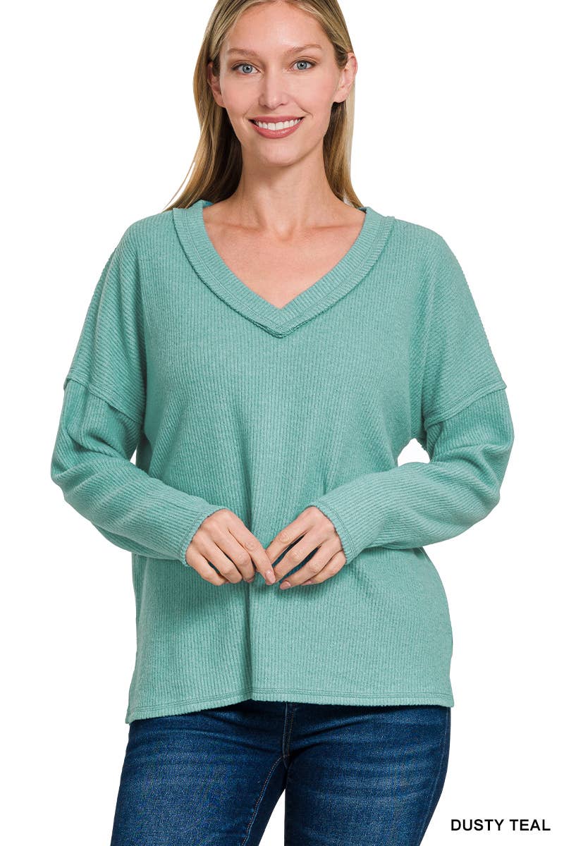 Ribbed V Neck Drop Shoulder Sweater - Threads Boutique