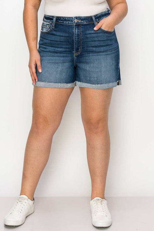 PLUS SIZE - HIGH  RISE STRETCH MIDI CUFF SHORT