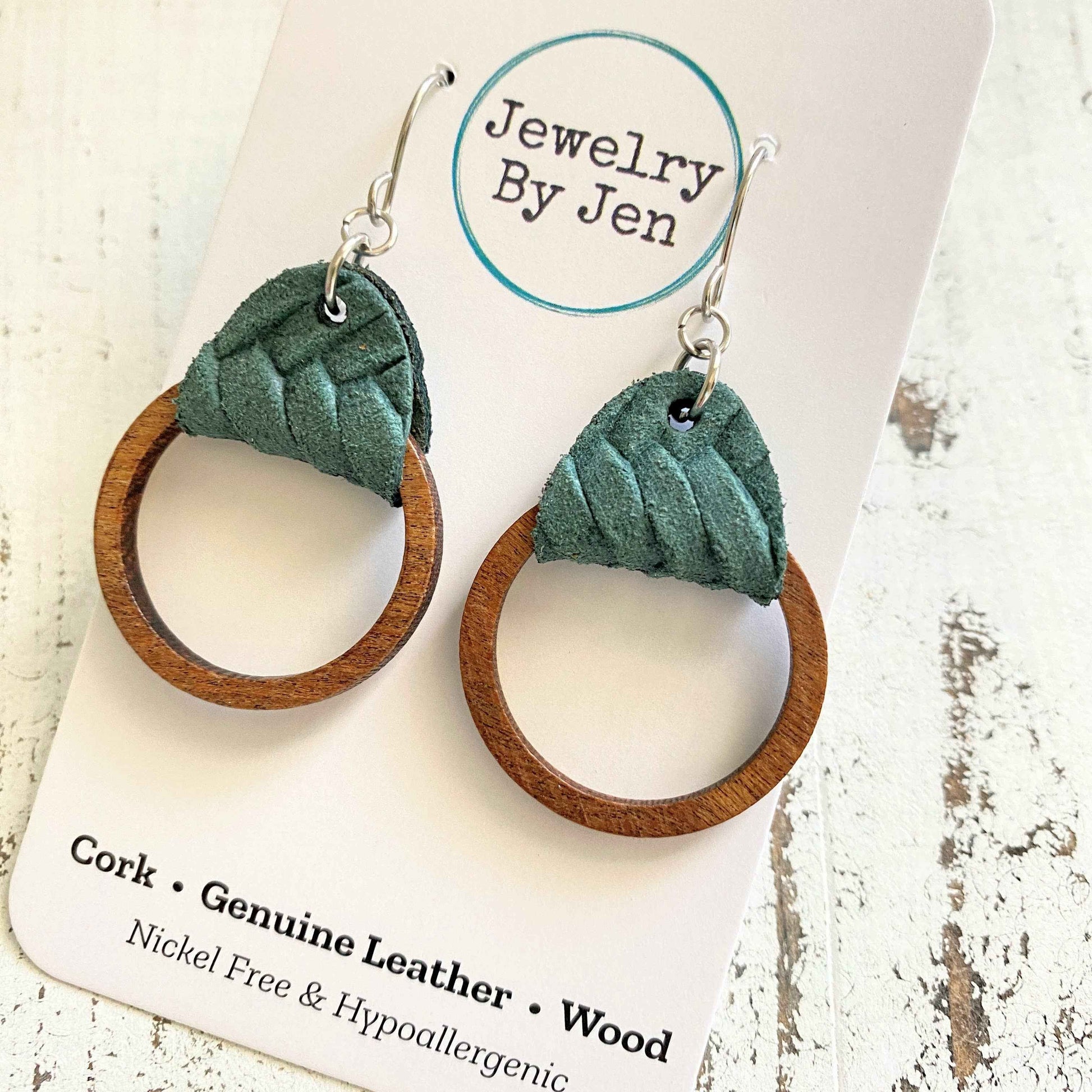 Jewelry By Jen - Wood Hoop Earrings: Pine Green Braided