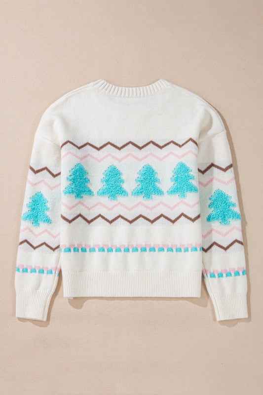Christmas Tree Chevron Stripe Ribbed Trim Sweater