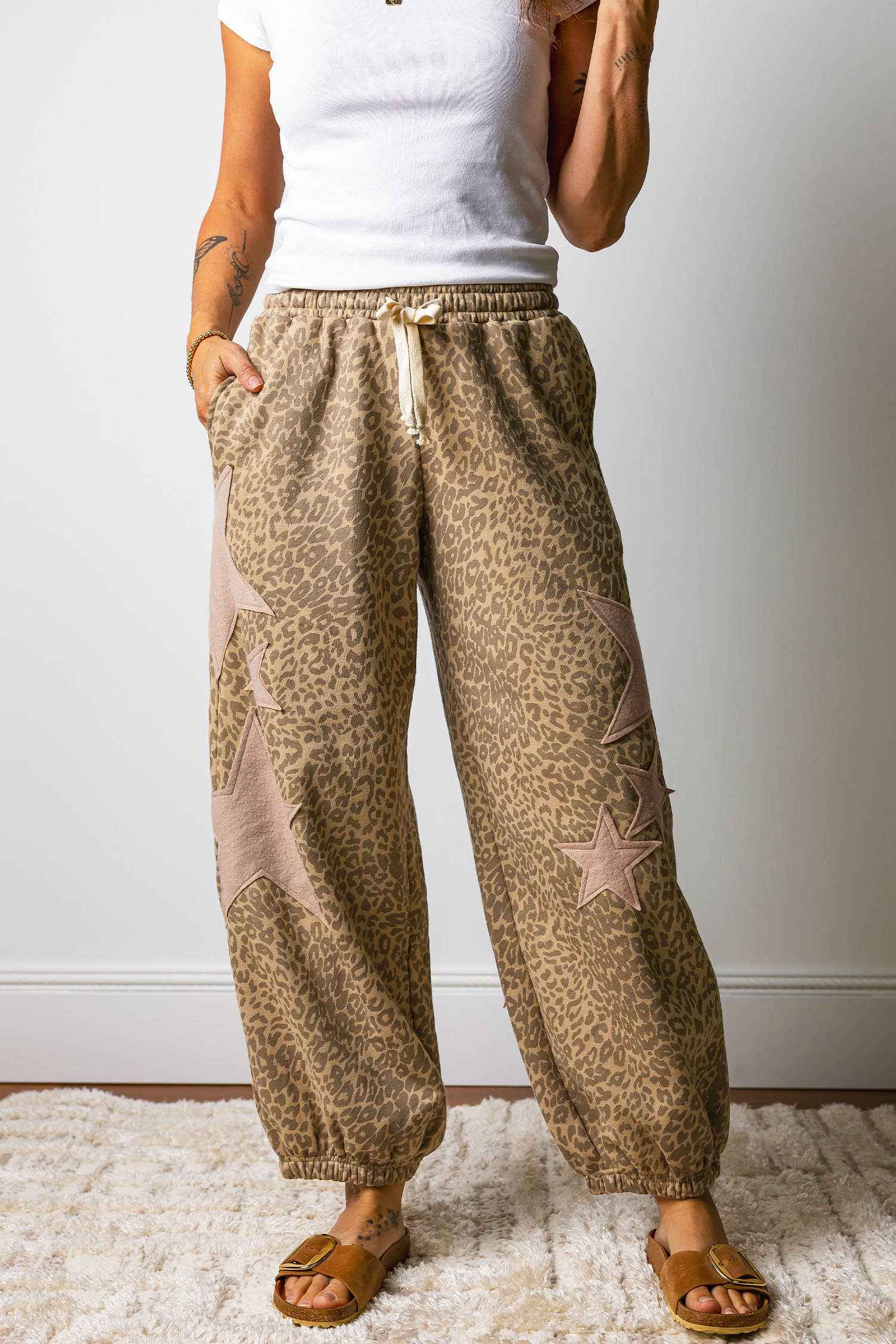 Leopard Star Patched Drawstring Elastic Joggers