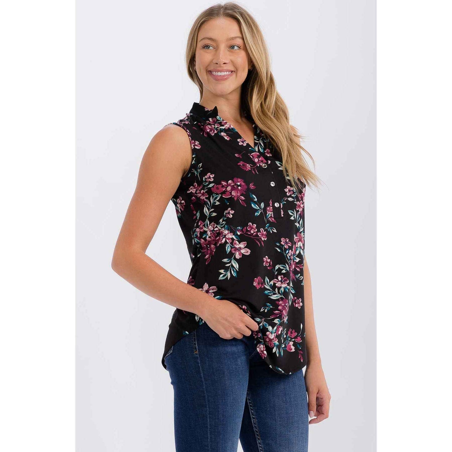 Perseption - FLORAL MANDARIN COLLAR V NECK SLEEVELESS SHIRT