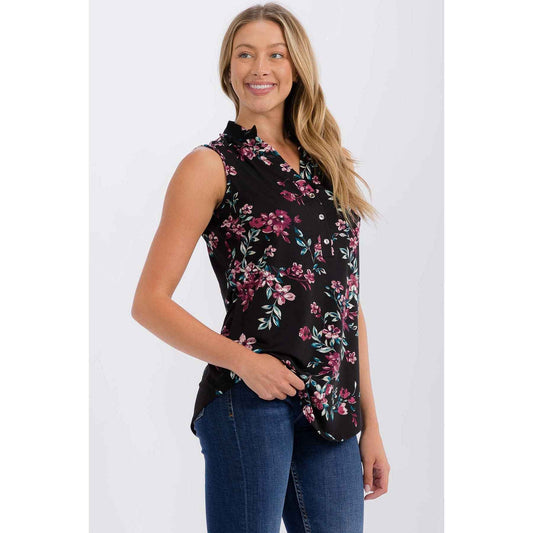 Perseption - FLORAL MANDARIN COLLAR V NECK SLEEVELESS SHIRT