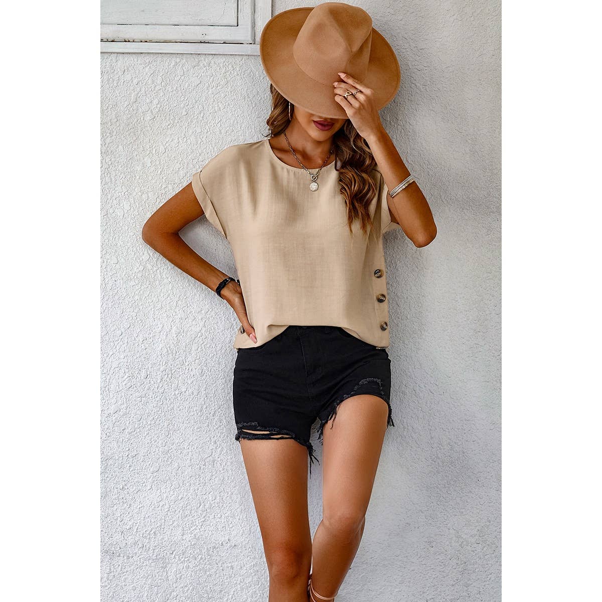 Button Round Neck Loose Fit Solid Tee