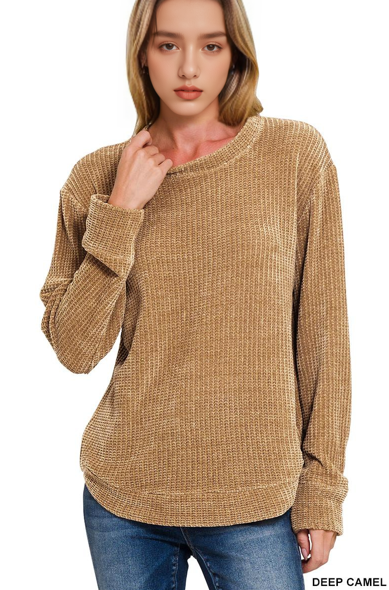Waffle Round Neck Sweater - Threads Boutique