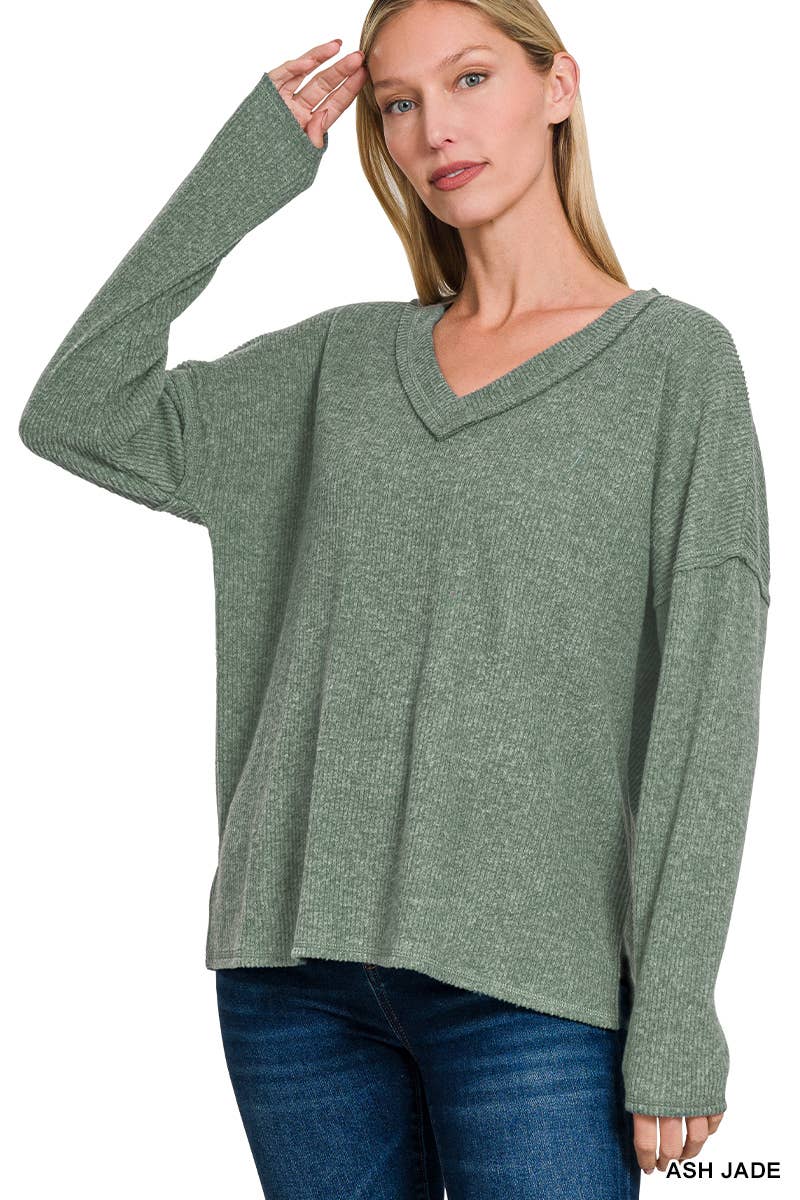 Ribbed V Neck Drop Shoulder Sweater - Threads Boutique