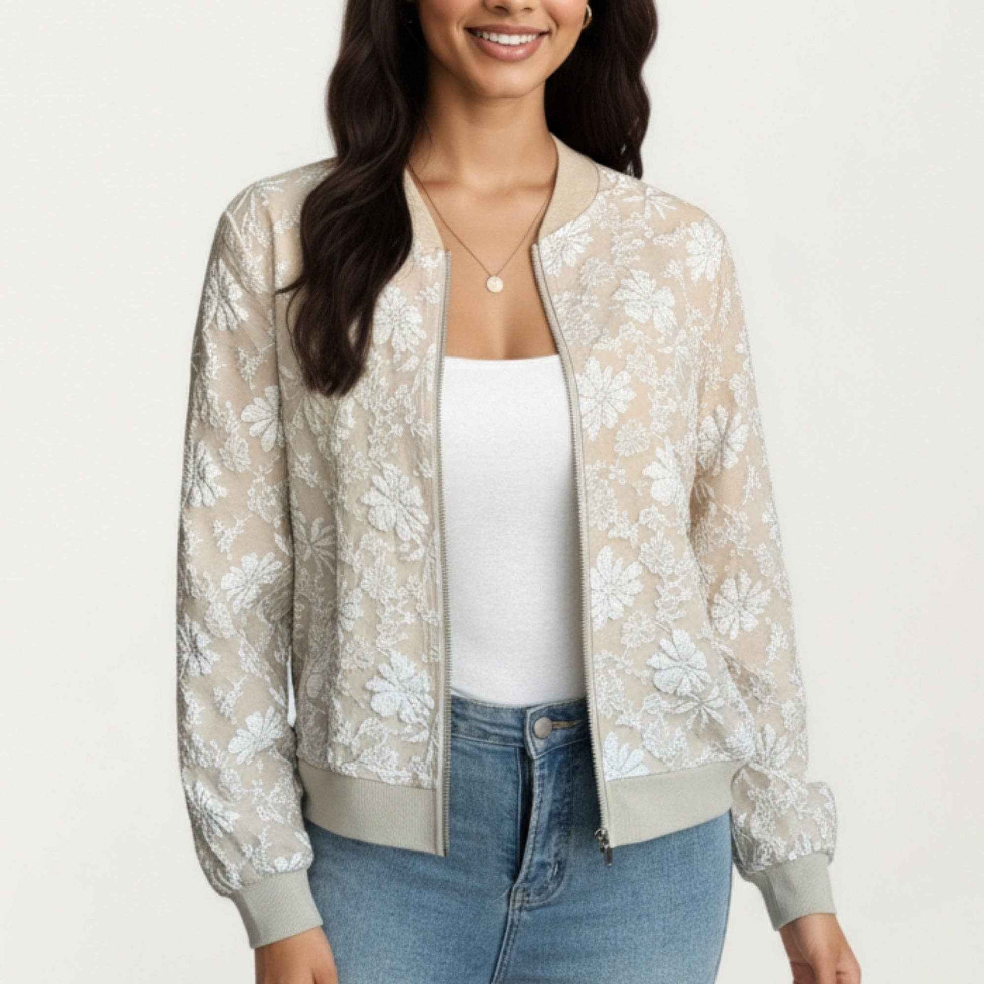 Anna Kaci Wholesale - Sheer Floral Lace Bomber Jacket with Ribbed Trim and Front Z