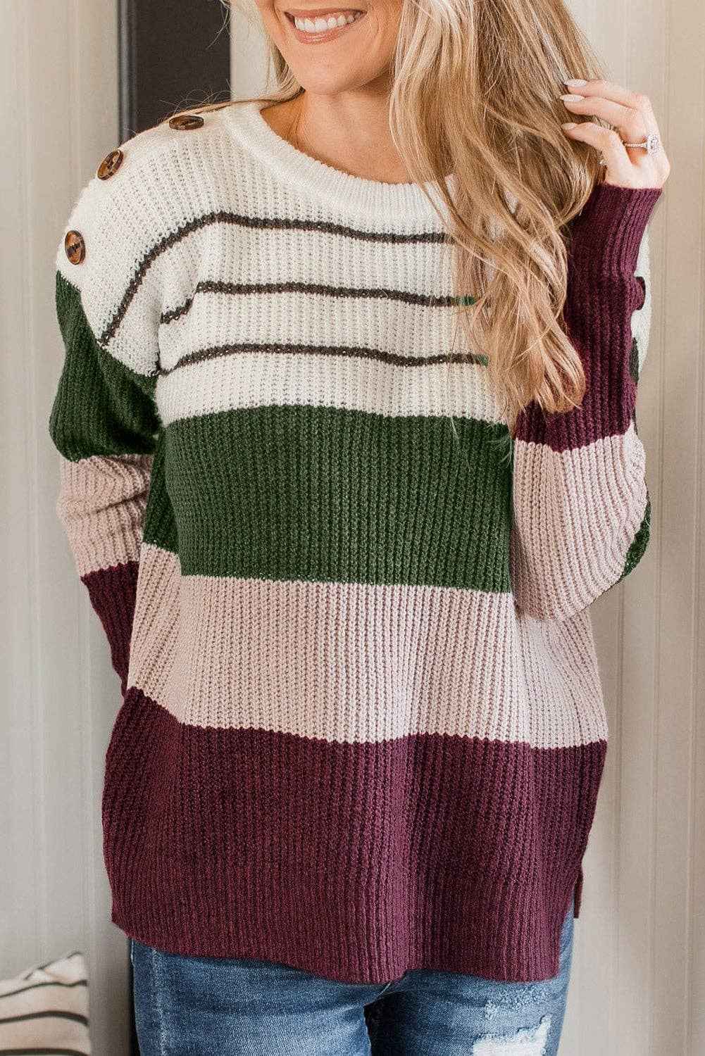Bash Colorblock Colorblock Stripe Buttoned Sweater – Threads Boutique