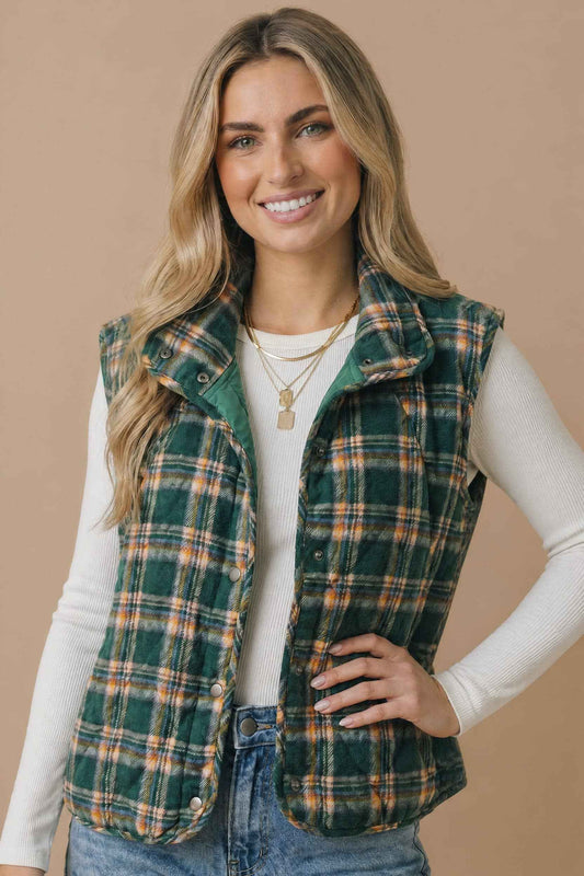 Haptics - Snap Button Down Plaid Quilted Puffer Vest