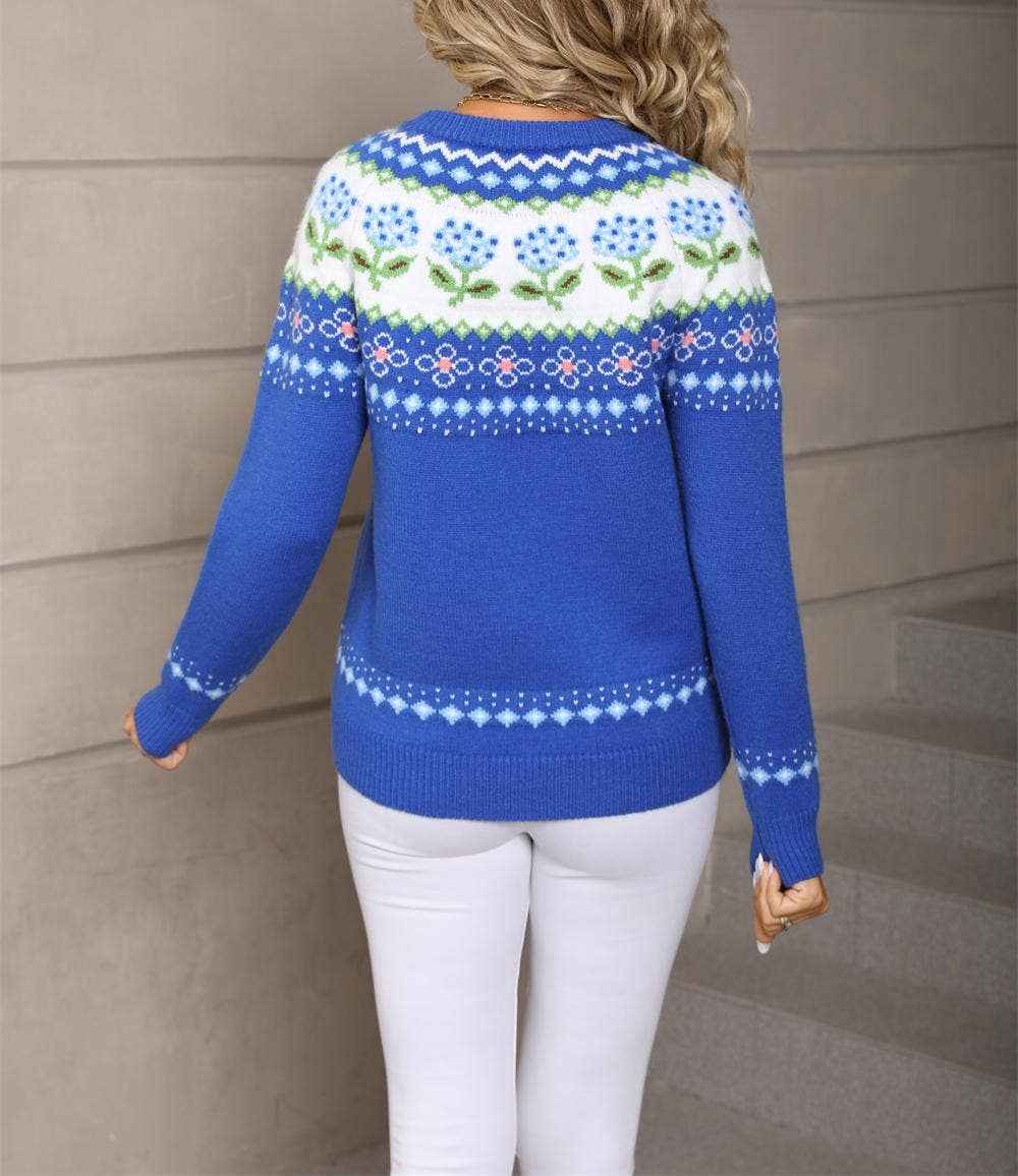Anna Kaci Wholesale - Floral Fair Isle Knit Sweater with Crew Neck