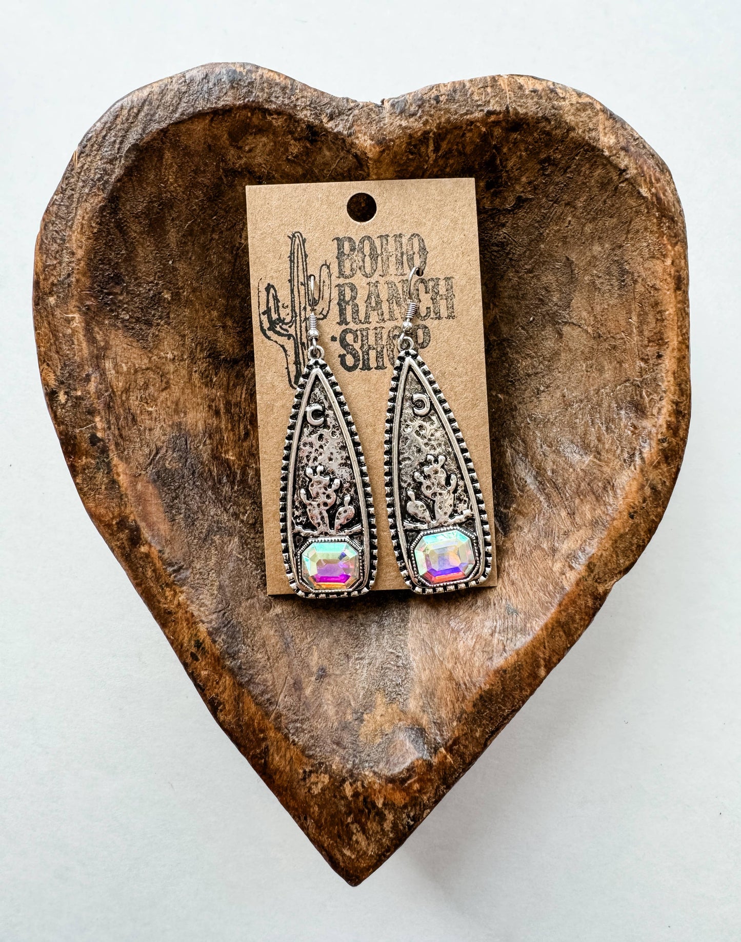 Western Cactus Glass Rhinestone Metal Earrings