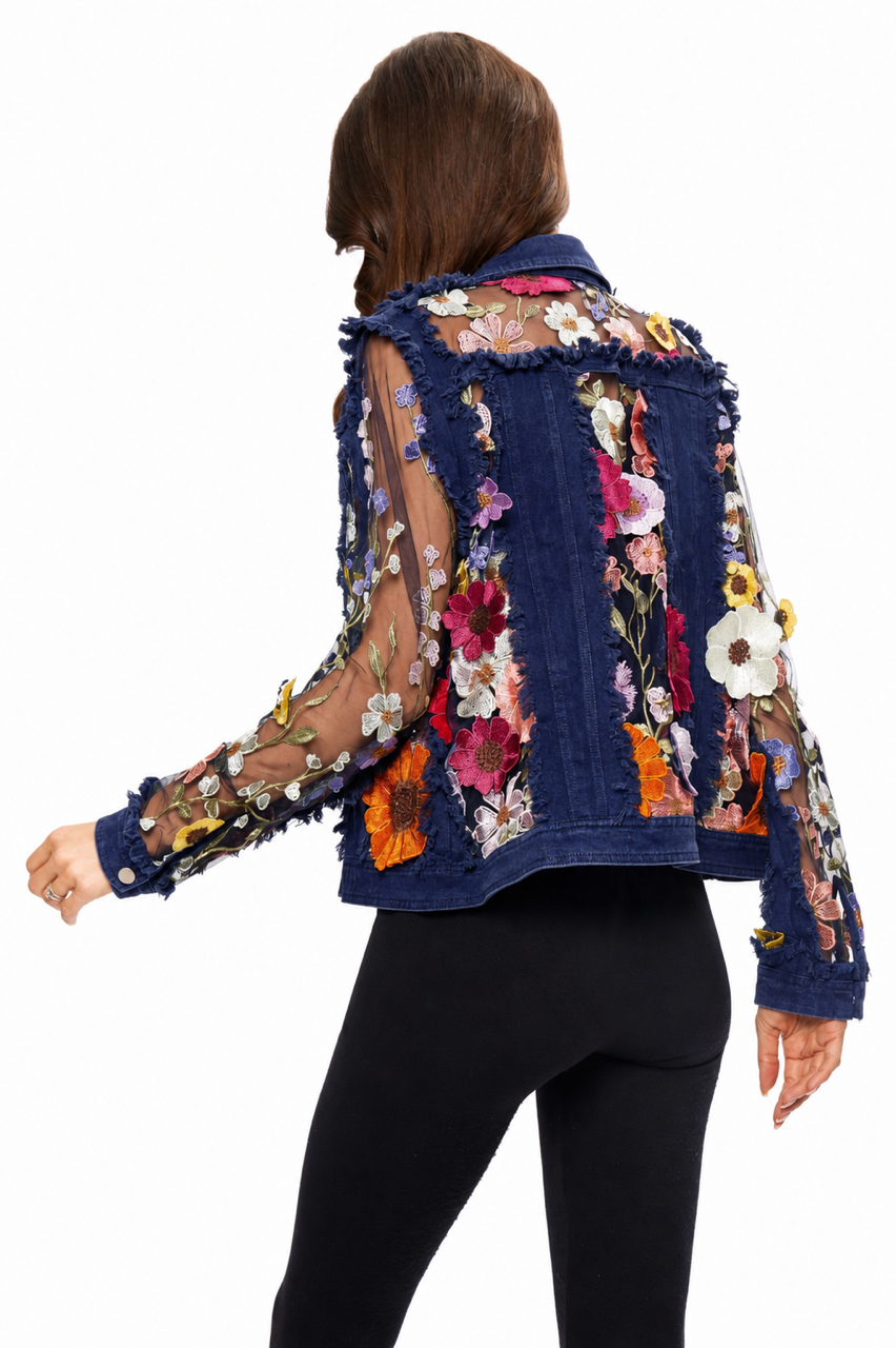 Denim Lace Jacket with Floral Embroidery