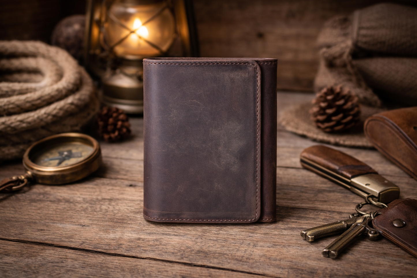 Grey Leather Trifold Wallet for Men