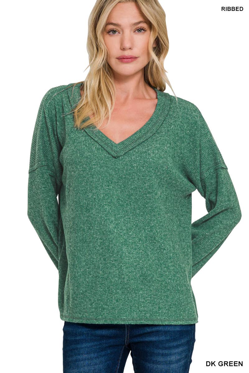 Ribbed V Neck Drop Shoulder Sweater - Threads Boutique