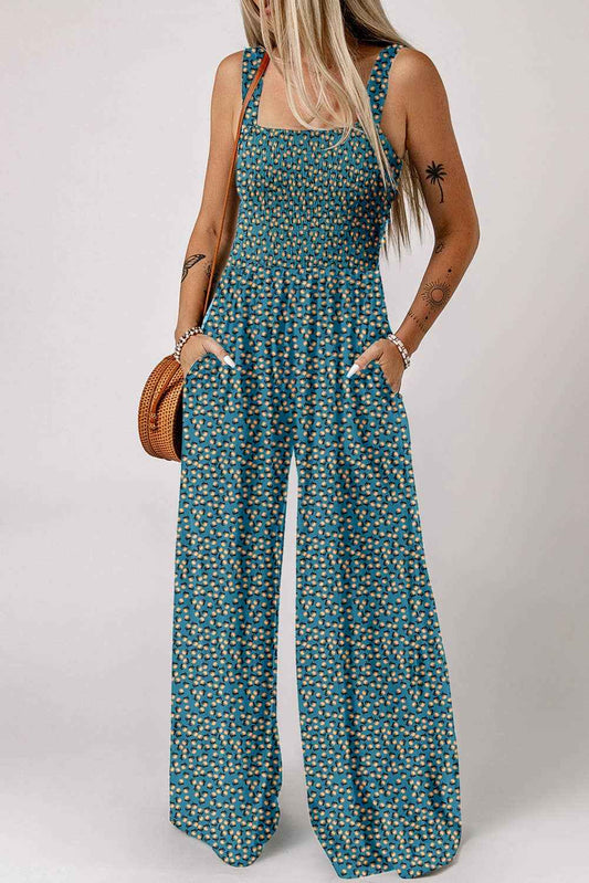 Boho Floral Print Smocked High Waist Square Neck Jumpsuit
