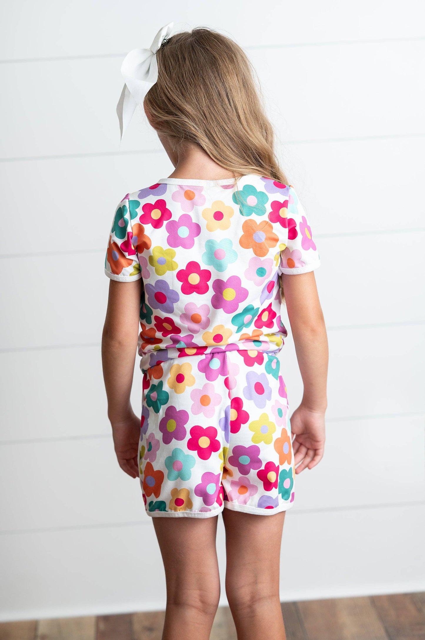 Girls Bright Pink Teal Flower Short Set